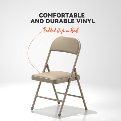 4 Pack Folding Chairs with Padded Vinyl Cushion Chairs with Comfortable Cushion and Durable Steel Frame for Home and Office, for Indoor and Outdoor Events (Kahki, Vinyl)