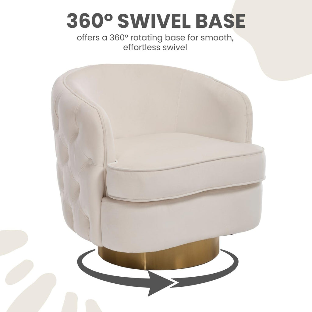 White Swivel Comfy Accent Chair Set of 2, Modern Tufted Velvet Upholstered Round Swivel Barrel Chair for Living Room Bedroom, Barrel Armchair with Tall Backrest