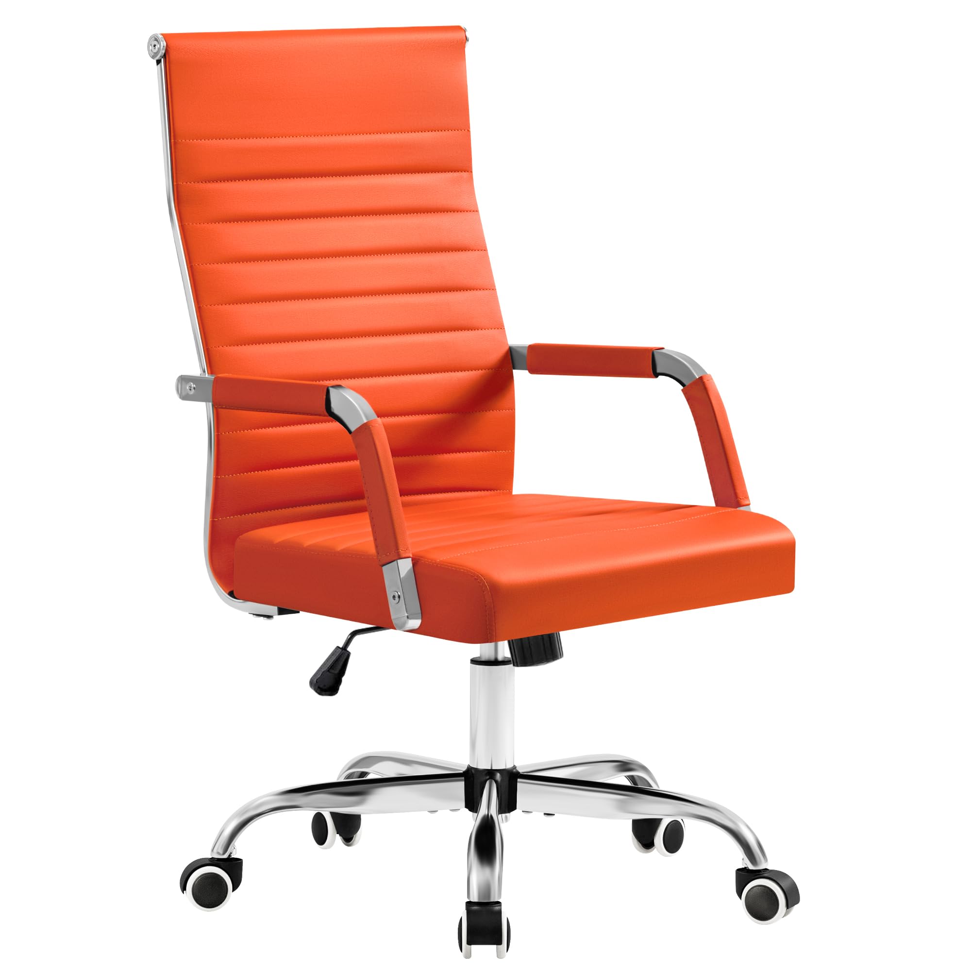 Ergonomic Office Desk Chair, Executive Ribbed Mid-Back PU Leather Conference Room Chair Adjustable Swivel Chair with Arms (1, Orange)