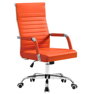 Ergonomic Office Desk Chair, Executive Ribbed Mid-Back PU Leather Conference Room Chair Adjustable Swivel Chair with Arms (1, Orange)