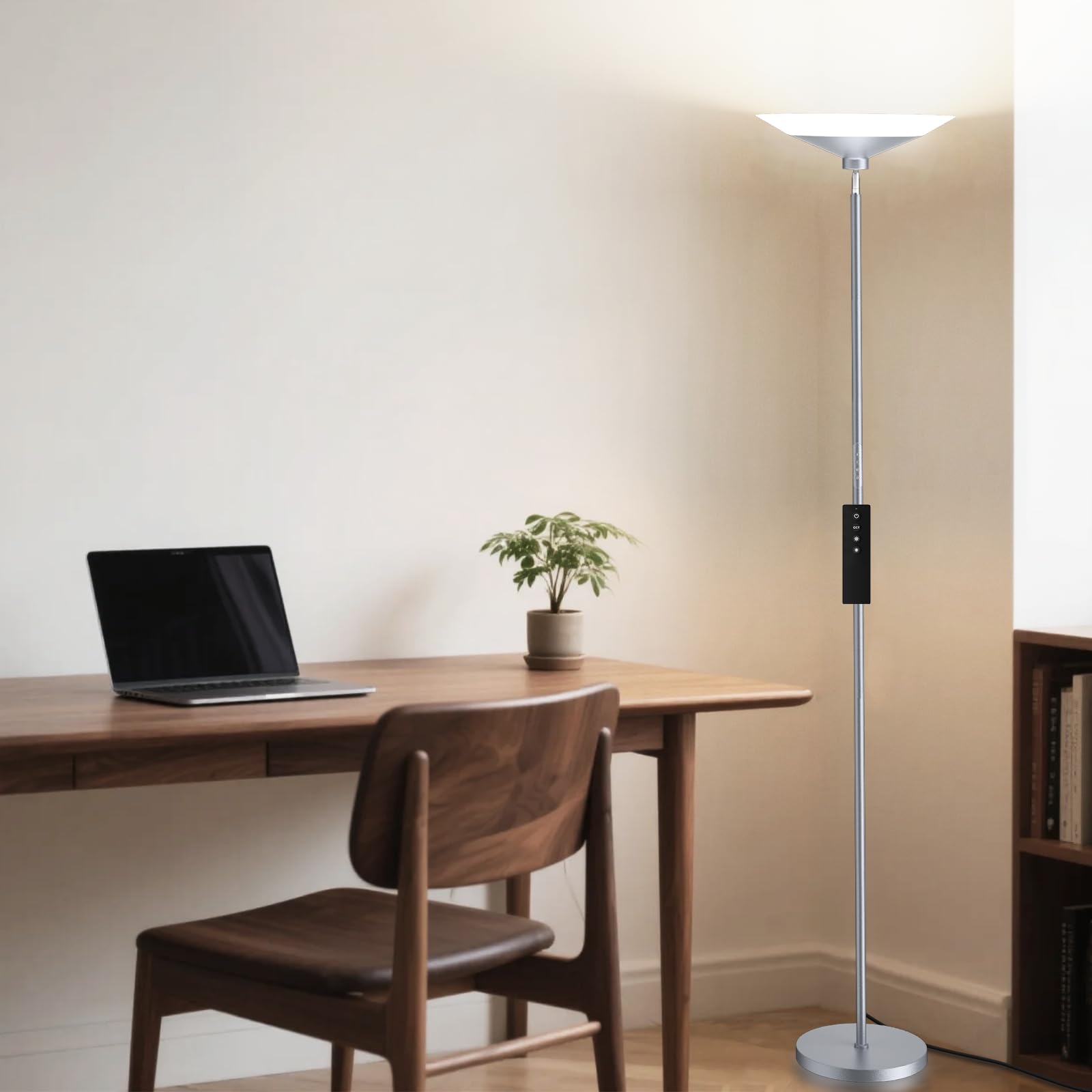Silver Torchiere Floor Lamp - 30W Dimmable LED Standing Lamp with Remote/Button Control, 1800Lm, 3000-6500K, 72in Bright Standing Pole Light for Living Room Bedroom Office Corner