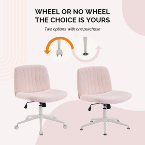 Criss Cross Legged Chair,Wide Comfy Office Desk Chair,Dual-Use with/no Wheels Computer Task Chair,Swivel Armless Vanity Boucle Chair for Study,Make Up,Home Office,Teddy Fleece,Pink