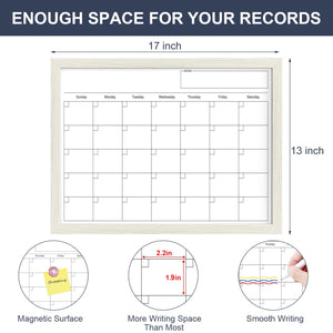 Calendar Whiteboard for Wall, 17x13 Inches Dry Erase Calendar for Wall, Small Magnetic Monthly White Board with Wood Framed, Hanging Dry Erase Board for Kitchen Home Office School Planner