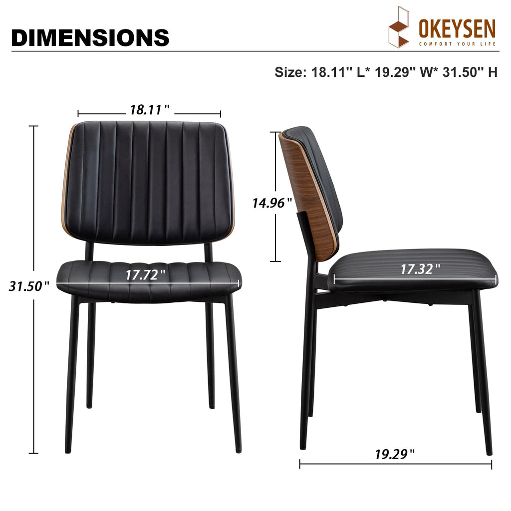 Black Leather Dining Chairs Set of 2, Mid Century Modern Dining Chairs Walnut Bentwood,Armless Kitchen Chairs with Metal Legs Adjustable Foot for Dining Room（Walnut Black）