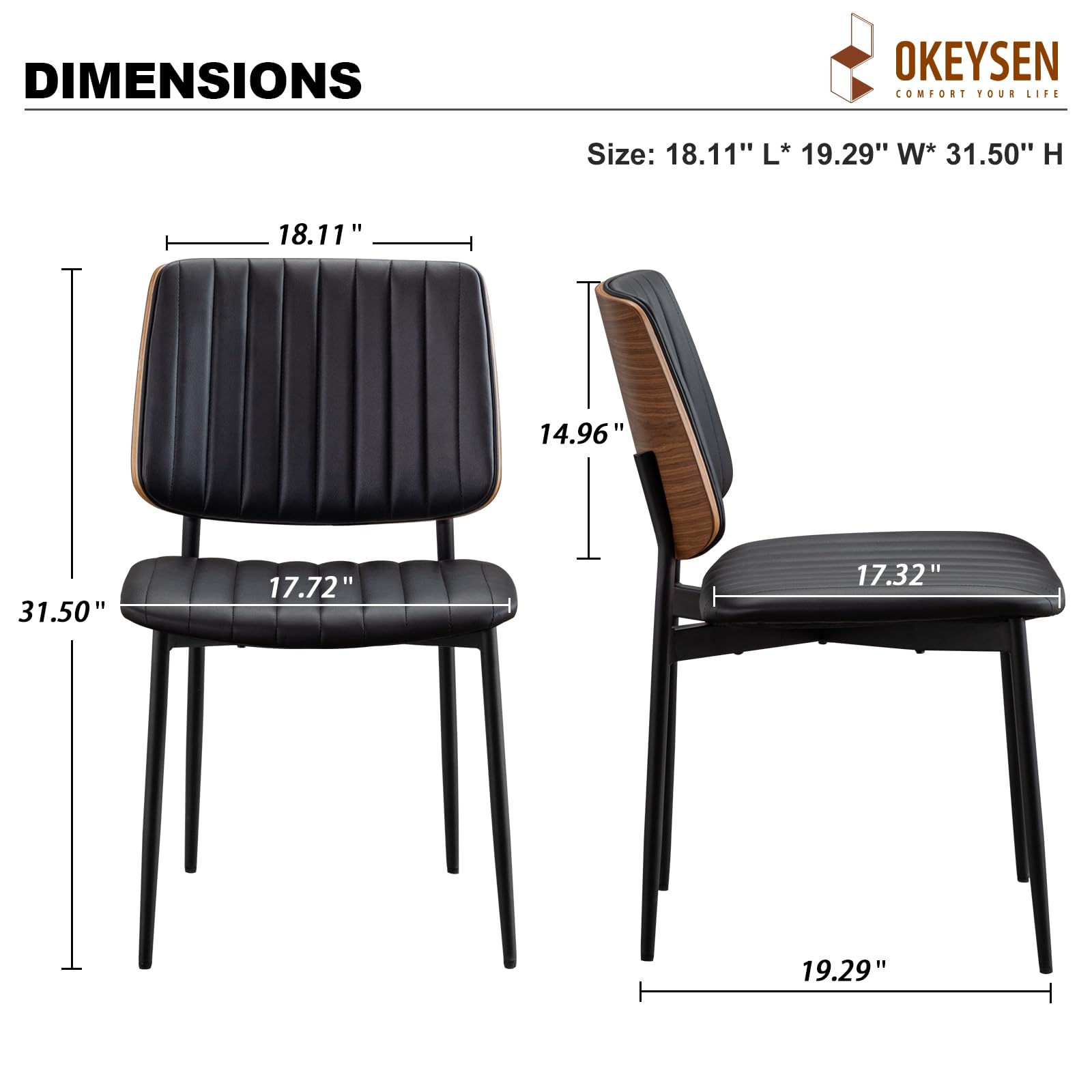 Black Dining Chairs Set of 6,Leather Mid Century Modern Dining Chairs with Bentwood Back and Upholster Seat,Armless Kitchen Chairs with Metal Legs Adjustable Foot for Dining Room(Walnut Black)