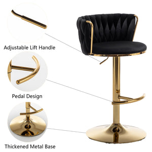 Gold Velvet Bar Stools Set of 4, Swivel Counter Height Bar Stools with Back, Adjustable Woven Barstools for Kitchen Island, Pub, Club (Black)