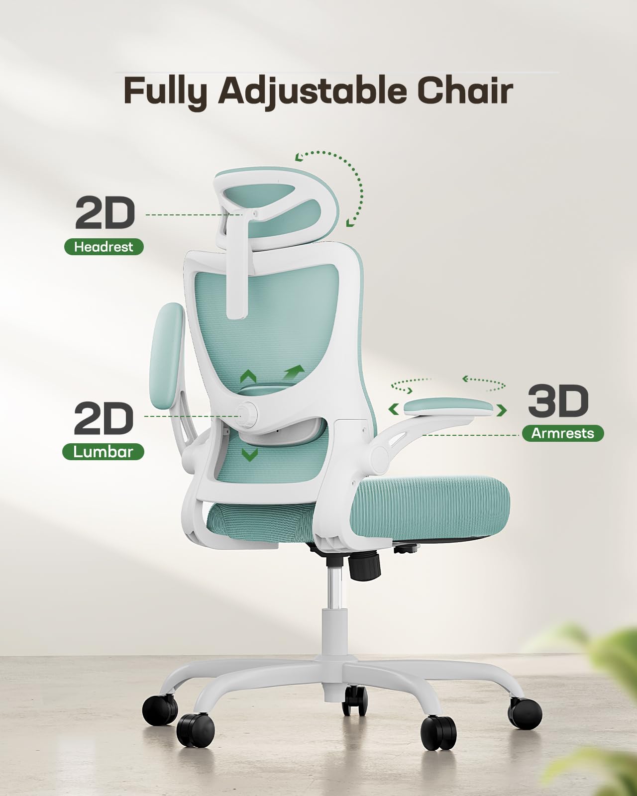 Ergonomic Office Chair: Office Desk Chair with High Back Mesh and Adjustable Lumbar Support Rolling Work Swivel Task Chairs with Wheel 3D Armrests and Headrest