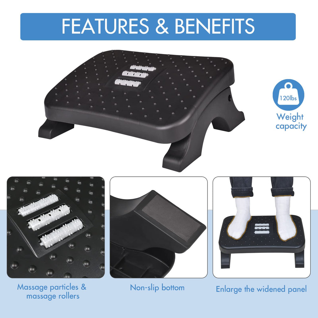 Under Desk Footrest, Ergonomic Foot Stool with Massage Rollers Max-Load 120Lbs Desk Leg Rest Pain Relief for Home Office Work