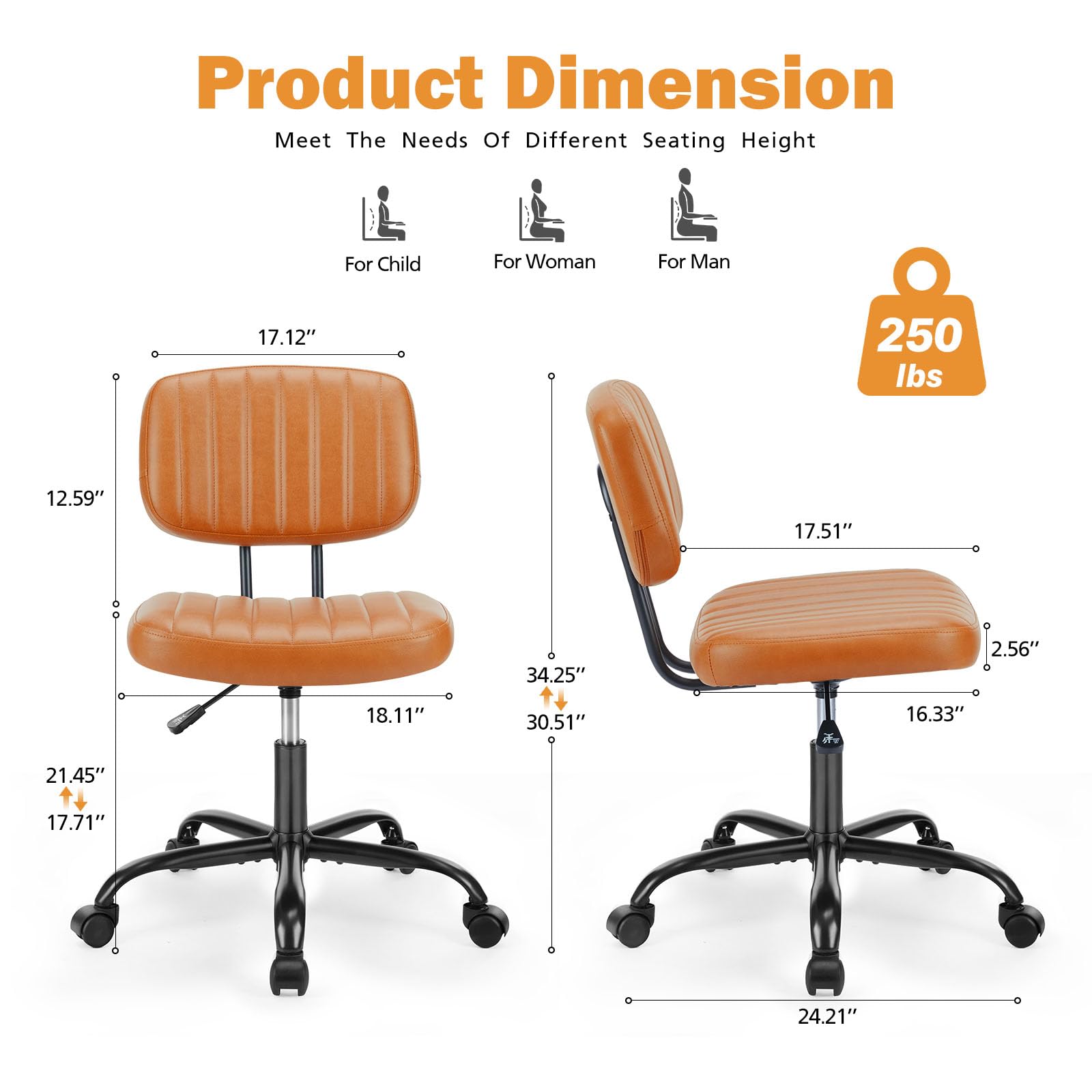 Small Office Desk Chair - Armless PU Leather with Comfy Lumbar Support, Height Adjustable Rolling Swivel Task for No Arms, for Adult, Student, Bedroom, Home, Vanity, Brown