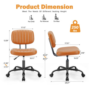 Small Office Desk Chair - Armless PU Leather with Comfy Lumbar Support, Height Adjustable Rolling Swivel Task for No Arms, for Adult, Student, Bedroom, Home, Vanity, Brown