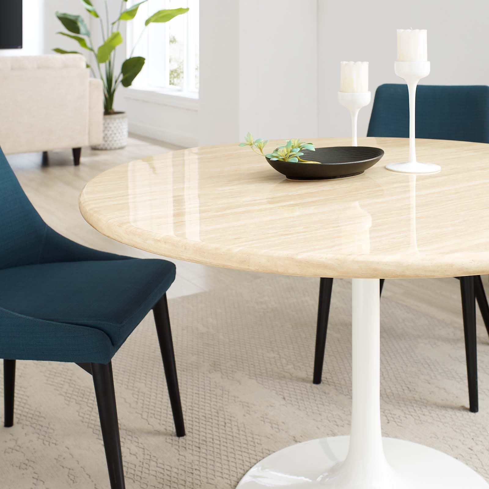 48" Round Artificial Dining Table with Tapered, Metal Base, White Travertine