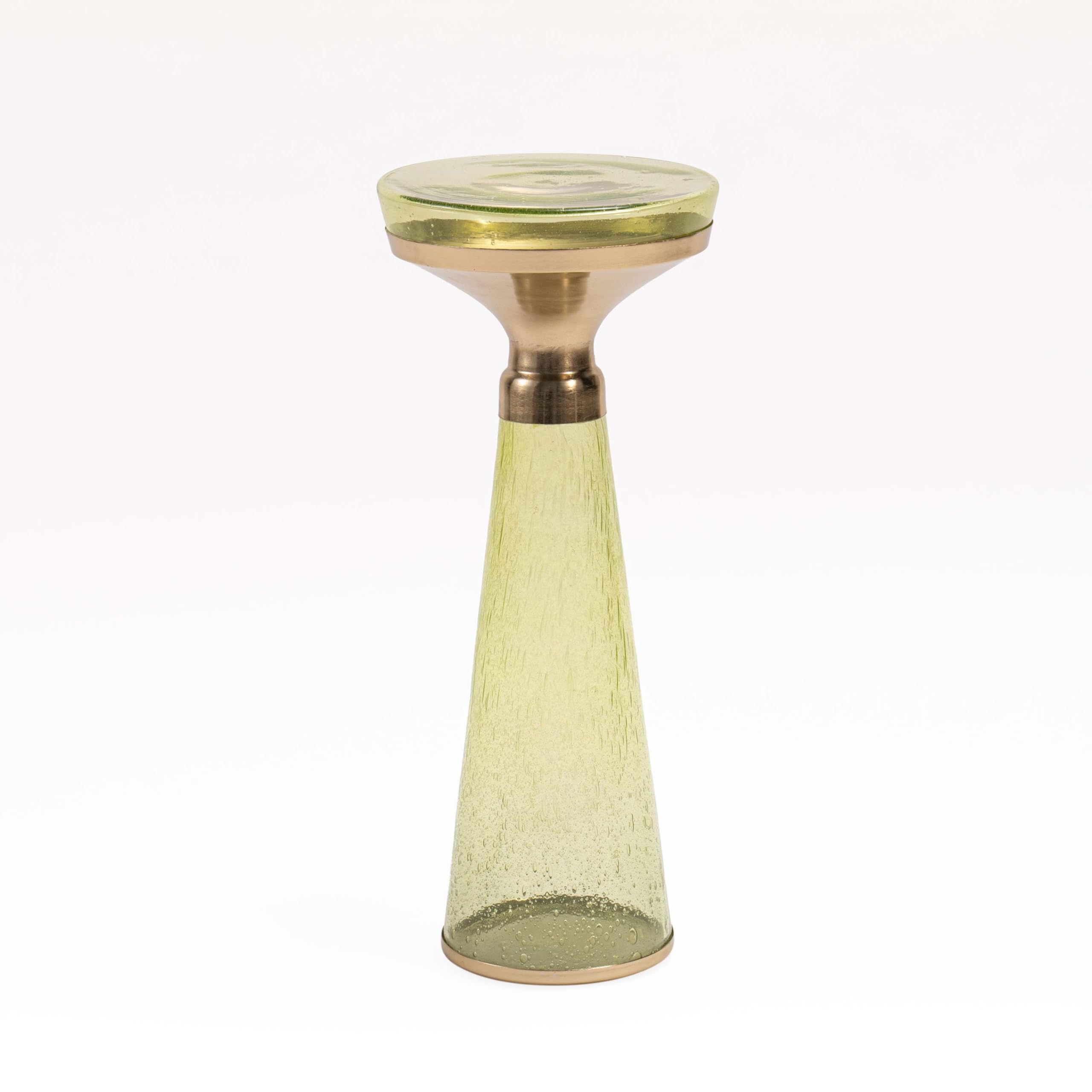 Modern Decorative Round Drink Table with Glass Base and Top with Gold Metal Accent, Martini, Gold Pedestal Table, Tall Side Table, Small Space end Table, for Living Room & Bedroom, Green,Assembled
