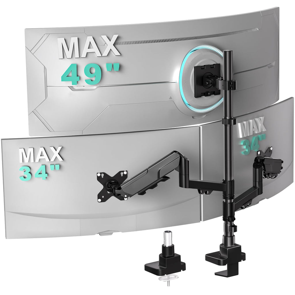 Triple Monitor Mount, up to 49'' Ultrawides on Top Bracket and 34'' Screens on Side Brackets, Extra Tall 3 Monitors Desk Mount, Heavy Duty Monitor Arm up to 44 lbs (GSDM003N-P), Black