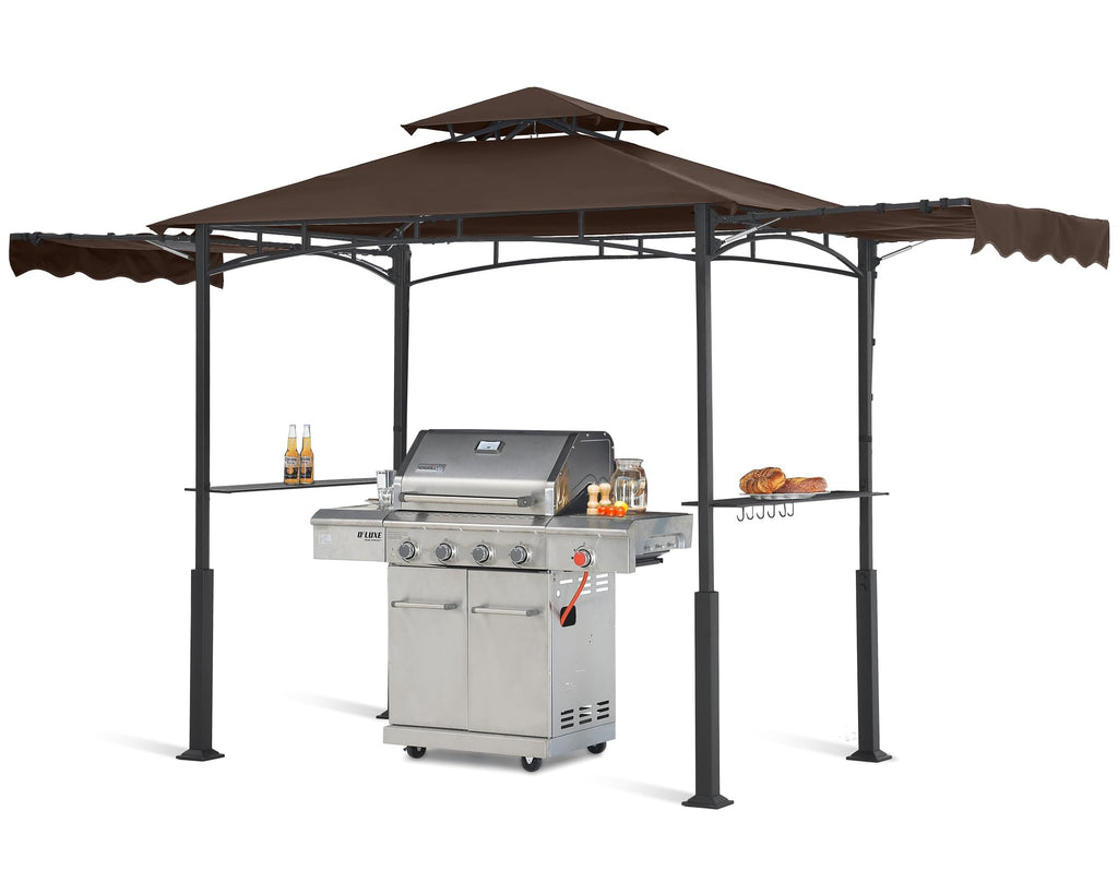 Grill Gazebo with 2 Side Awnings - 14x5 Outdoor BBQ Canopy Shelter with 2 Led Lights for Patio Backyard Grilling (Brown)