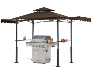 Grill Gazebo with 2 Side Awnings - 14x5 Outdoor BBQ Canopy Shelter with 2 Led Lights for Patio Backyard Grilling (Brown)