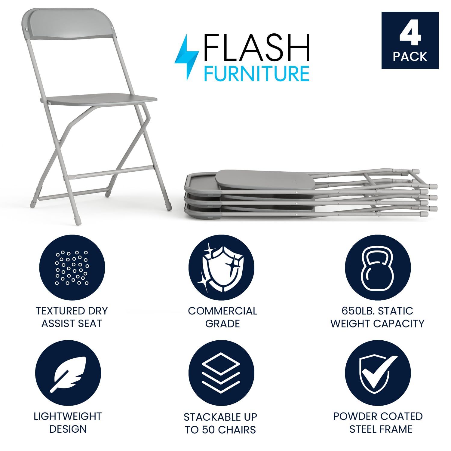 4 Pack Hercules Series Plastic Folding Chair - Grey -  650LB Weight Capacity Comfortable Event Chair-Lightweight Folding Chair