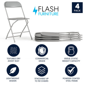 4 Pack Hercules Series Plastic Folding Chair - Grey -  650LB Weight Capacity Comfortable Event Chair-Lightweight Folding Chair