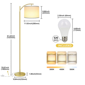 Floor Lamp for Living Room, LED Standing Lamp with 2 Lamp Shades Tall Industrial Floor Lamp Reading for Bedroom, Office, Study Room (9W LED Bulb, Beige & White Shades Included) -Gold