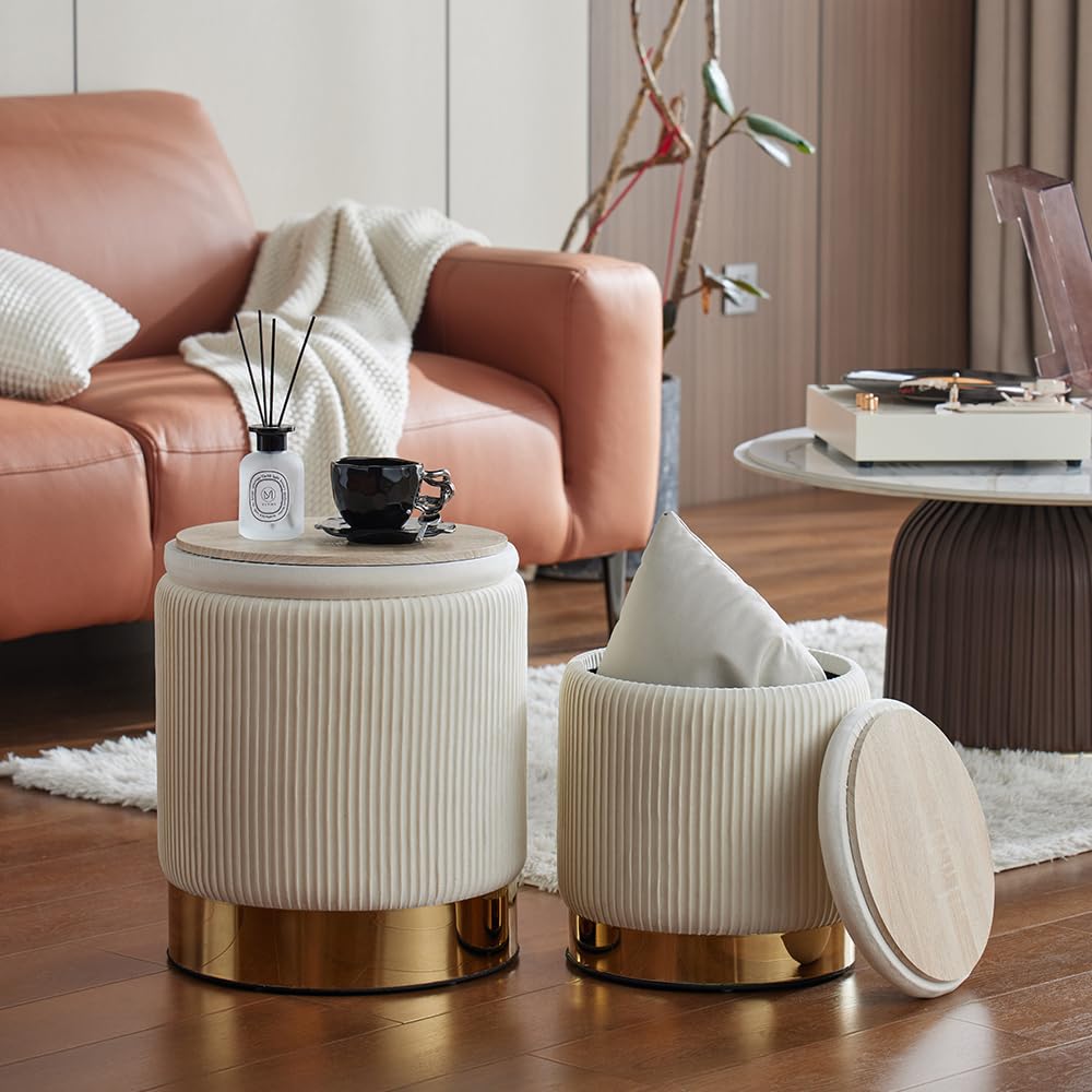 Round Ottoman with Storage Set of 2 Vanity Stool Foot Rest with Removable Lid White Velvet Storage Ottoman Stool for Living Room and Dorm