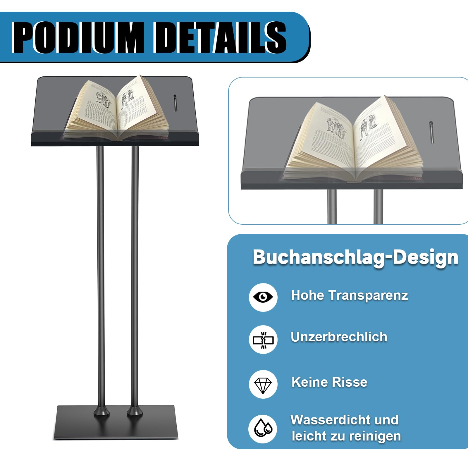 Acrylic Podium Lectern with Iron Stable Bottom, Pulpits for Churches with 10MM Thickened Acrylic Countertop, Multi Function Pulpit for Modern Classroom Music Concert Wedding Conference Event