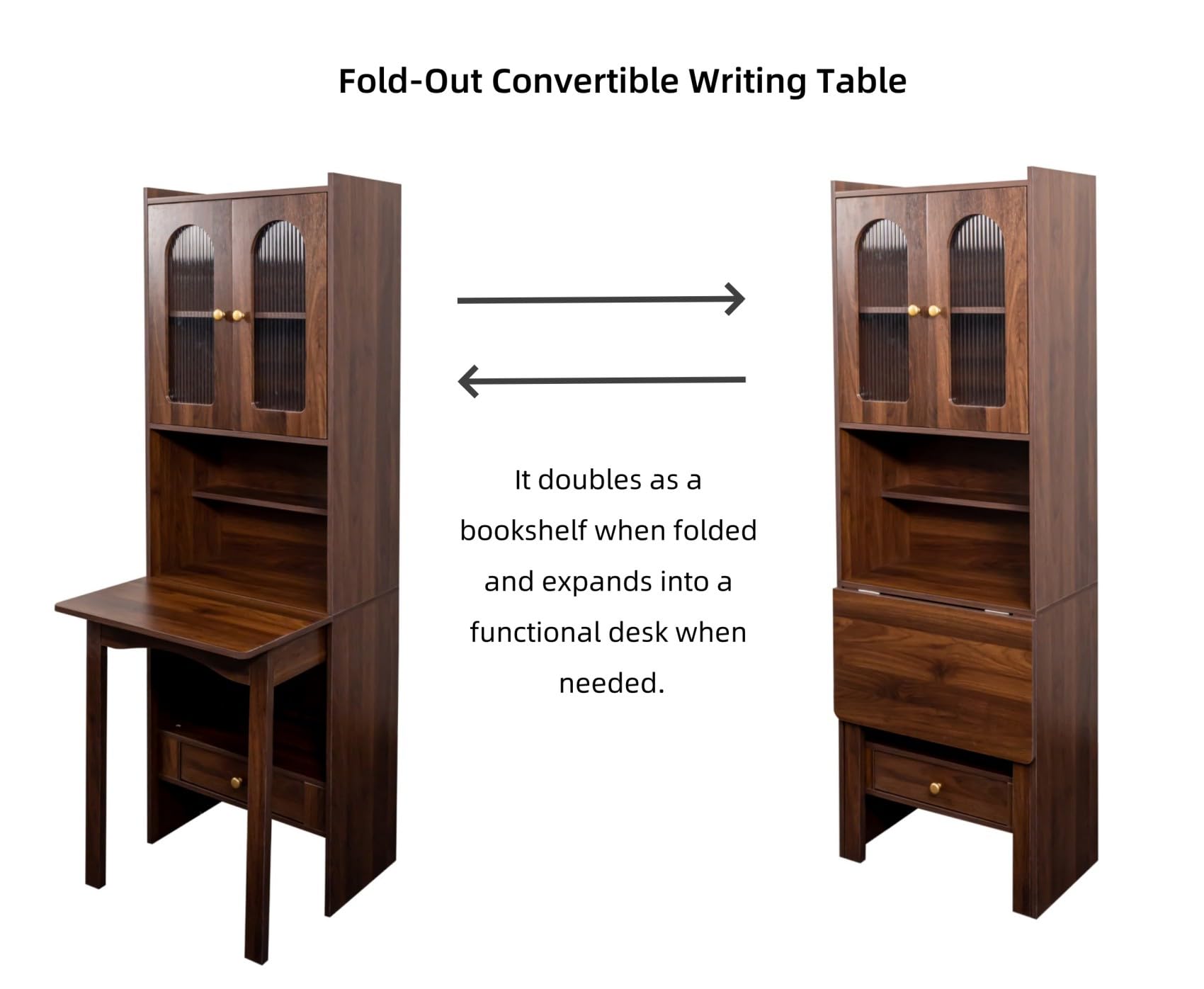 Fold-Out Home Office Desks Writing Table with Glass Doors, Drawers, Bookshelf & Storage Shelves, Modern Wooden Convertible Workstation for Work, Study