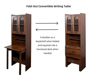 Fold-Out Home Office Desks Writing Table with Glass Doors, Drawers, Bookshelf & Storage Shelves, Modern Wooden Convertible Workstation for Work, Study