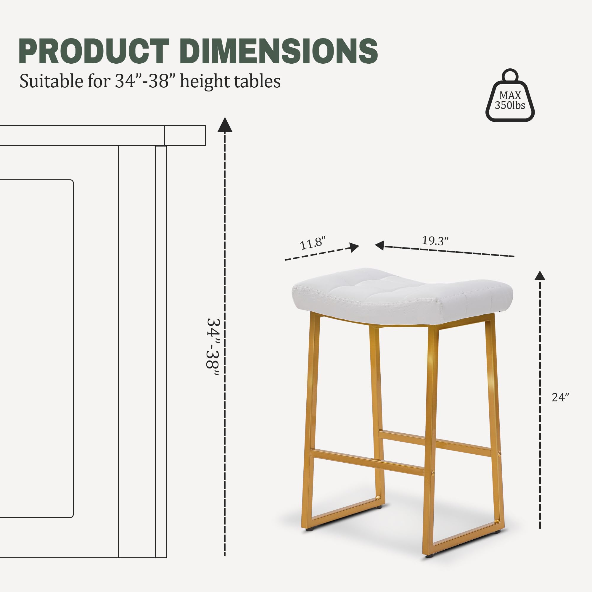 White & Gold Counter Height Bar Stool for Kitchen Counter Modern Backless Barstool with Upholstered Faux Leather Seat and Metal Frame Industrial 24 inch Bar Chair