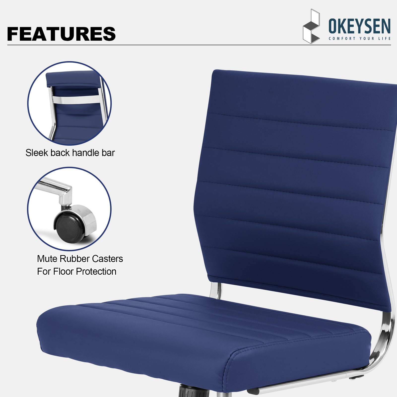 Armless Office Desk Chair, Mid Back Ergonomic Swivel Conference Room Chair, Adjustable Height PU Leather Home Desk Chair, Modern Small Rolling Computer Task Chair, Navy Blue