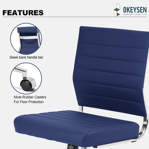 Armless Office Desk Chair, Mid Back Ergonomic Swivel Conference Room Chair, Adjustable Height PU Leather Home Desk Chair, Modern Small Rolling Computer Task Chair, Navy Blue