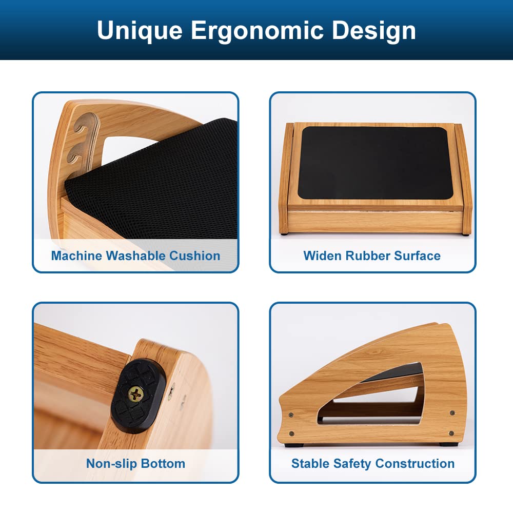 Wood Ergonomic Footrest - 4-Angle Adjustable Foot Stool for Desk, Office Footrest, Anti-Slip Foot Stand for Under Desk, Enhances Posture, Promotes Blood Circulation, Easy Assembly (Natural)
