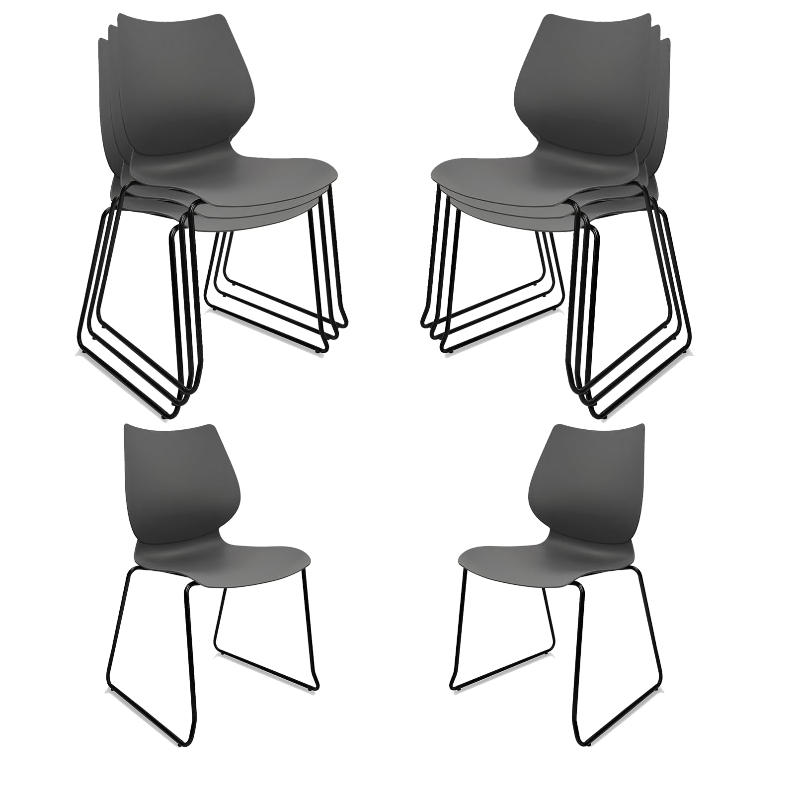 Set of 8, Grey, Stacking Waiting Room Chairs, Stacked Plastic Office Chair with Ergonomic Lumbar Support and Metal Legs for Conference School Church Guest Reception