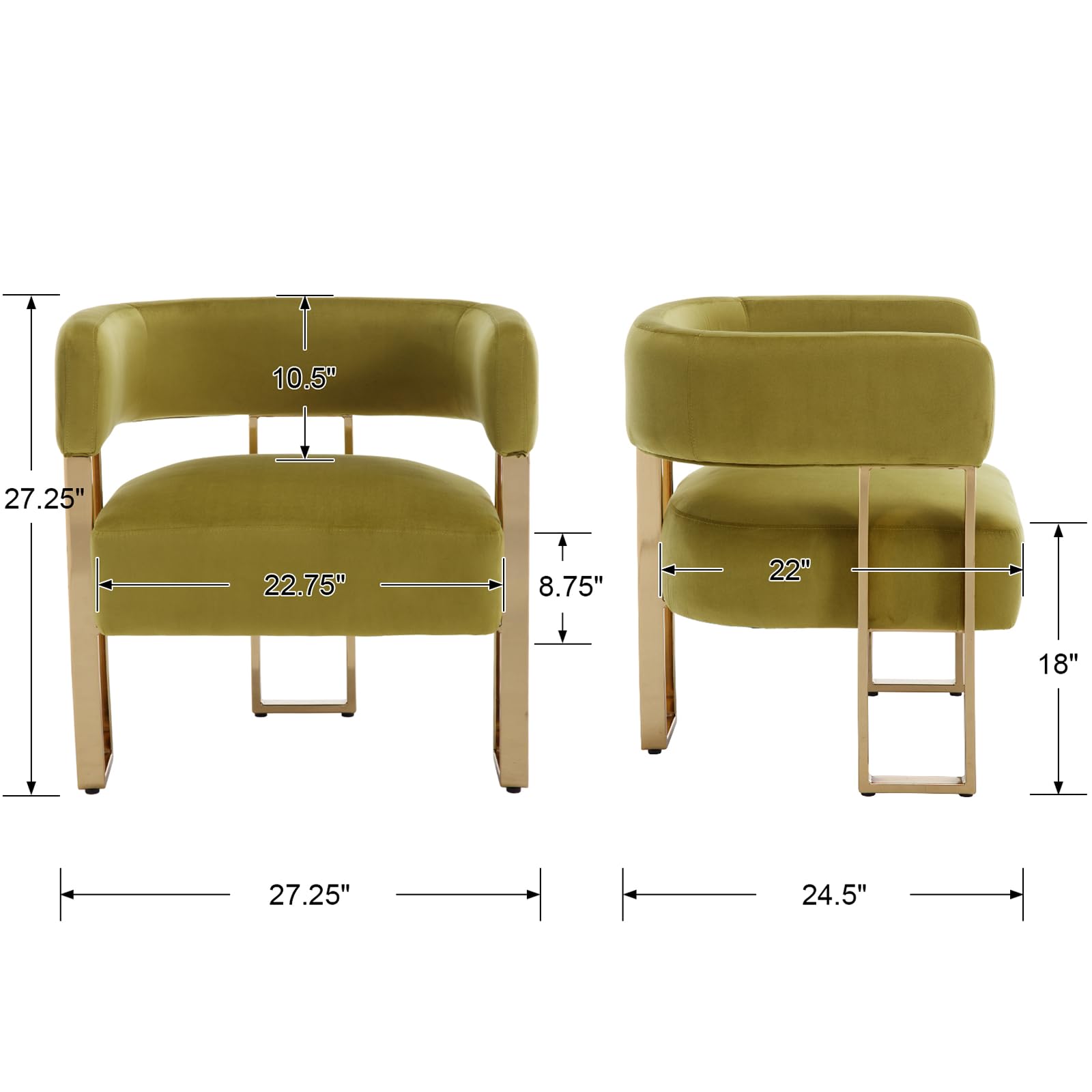 Modern Barrel Accent Chairs Set of 2, Velvet Living Room Chairs with Gold Metal Legs, Comfy Upholstered Single Sofa Armchair Side Chair for Lounge/Bedroom/Reading, Olive