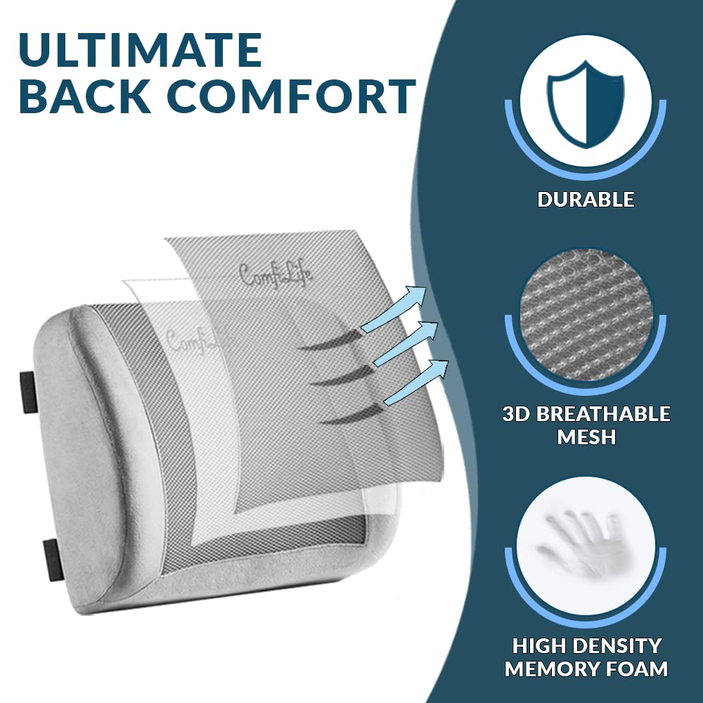 Lumbar Support Back Pillow Office Chair and Car Seat Cushion - Memory Foam with Adjustable Strap and Breathable 3D Mesh (Gray)