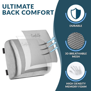 Lumbar Support Back Pillow Office Chair and Car Seat Cushion - Memory Foam with Adjustable Strap and Breathable 3D Mesh (Gray)