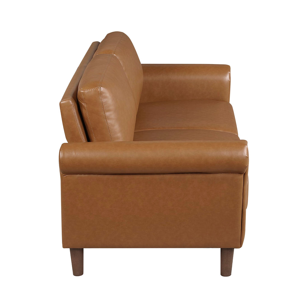 57" W Faux Leather Loveseat Sofa, Upholstered 2-Seater Couch with Rolled Armrest & Wood-Look Feet, Traditional Small Space Living Room, Office or Waiting Room Seating - Brown