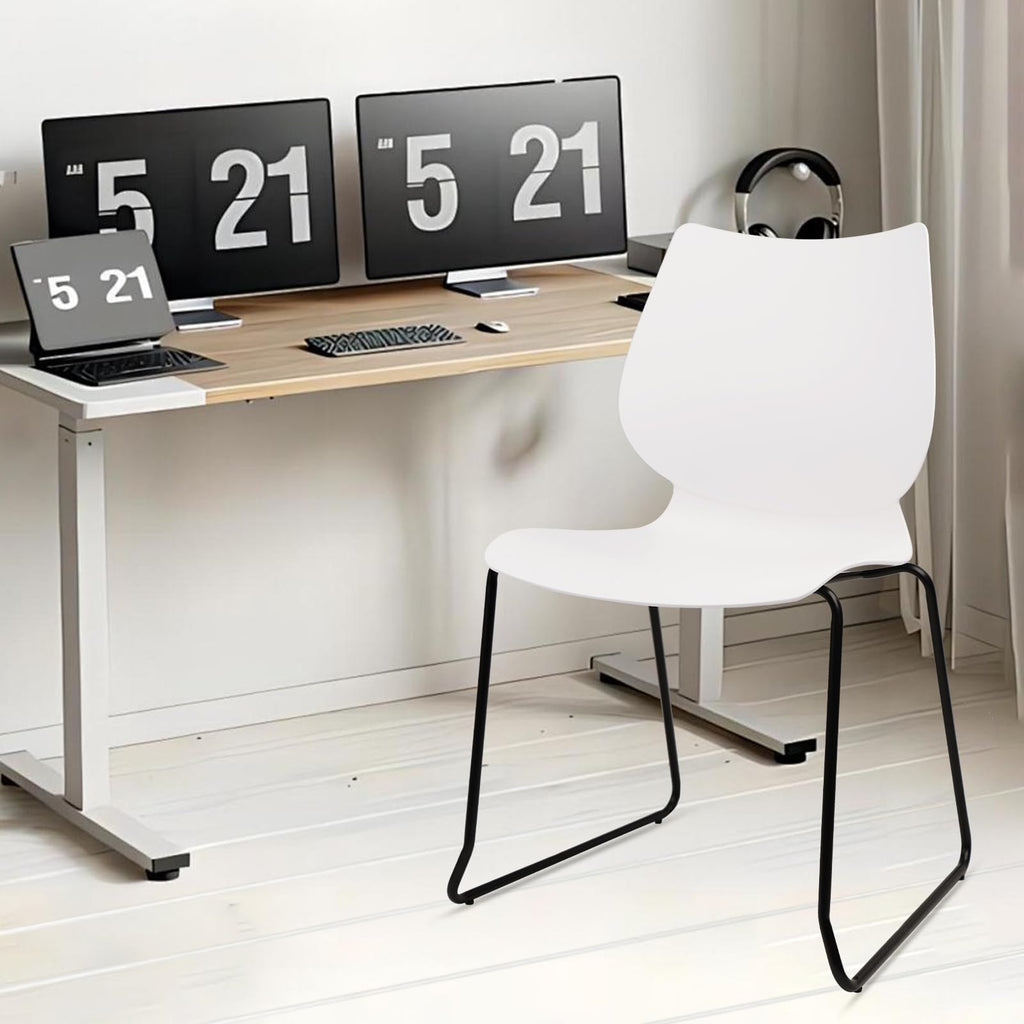 Set of 8, White, Stackable Waiting Room Chair, Stacking Office Chair with Ergonomic Lumbar Support and Metal Legs, Plastic Desk Chairs for Conference School Church Guest Reception