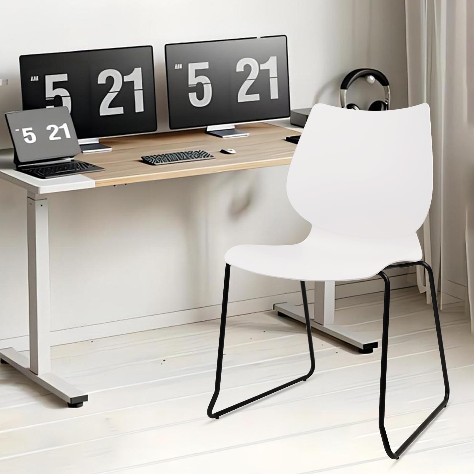 Set of 8, White, Stackable Waiting Room Chair, Stacking Office Chair with Ergonomic Lumbar Support and Metal Legs, Plastic Desk Chairs for Conference School Church Guest Reception