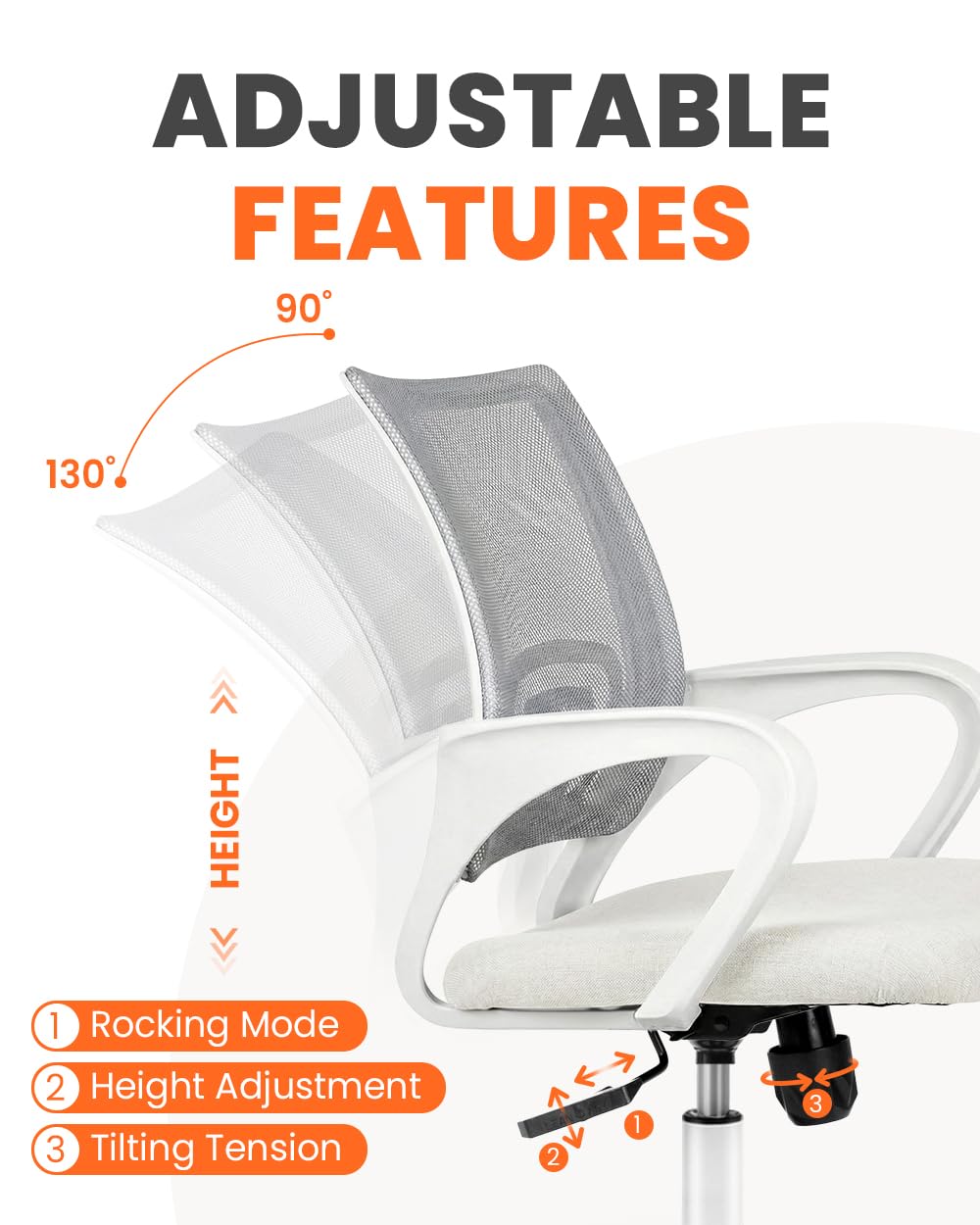 Office Desk Computer Chair Ergonomic Mesh Gaming Cushion Seat with Comfy Lumbar Mid Back Support Adjustable Height Swivel Rolling Wheels for Home Task (Ivory)