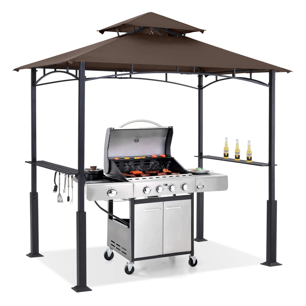8x5 Grill Gazebo - Outdoor BBQ Canopy Shelter with Led Light for Patio Backyard Grilling (Brown)