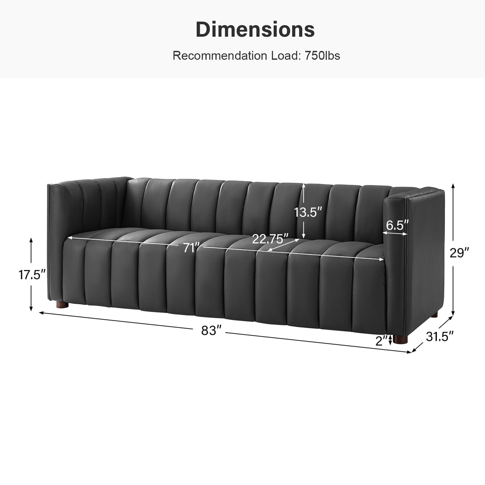 83" Genuine Leather Sofa with Channel Tufted Design, 3-Seater Sofa for Living Room Bedroom, Modern Oversized Couch with Wood Legs, Charcoal