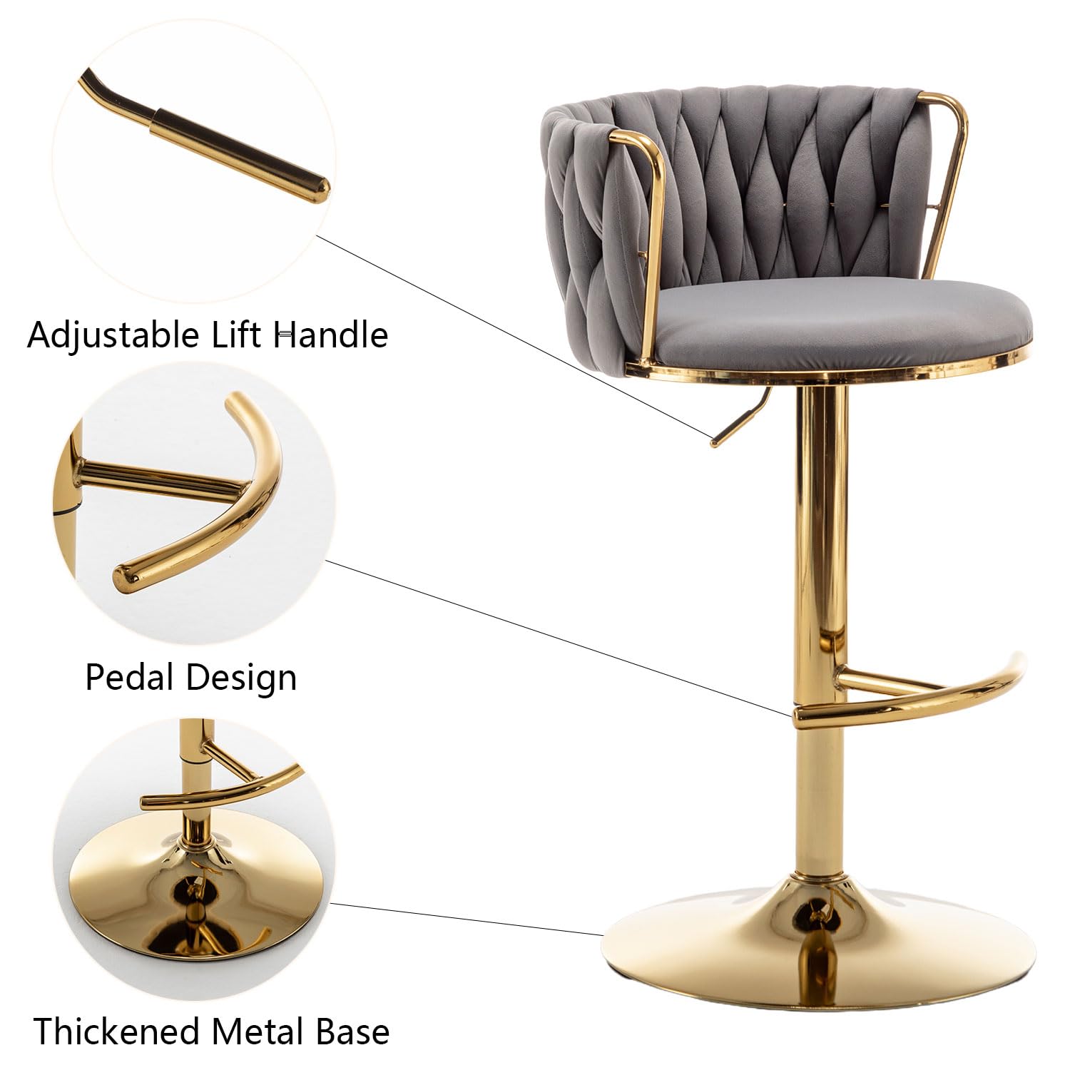 Gold Velvet Bar Stools Set of 2, Swivel Counter Height Bar Stools with Back, Adjustable Woven Barstools for Kitchen Island, Pub, Club (Grey)