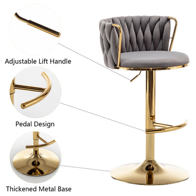 Gold Velvet Bar Stools Set of 2, Swivel Counter Height Bar Stools with Back, Adjustable Woven Barstools for Kitchen Island, Pub, Club (Grey)