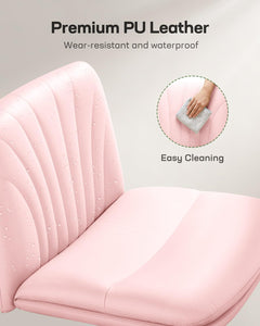 Armless-Office Desk Chair with Wheels: PU Leather Cross Legged Wide Chair,Comfortable Adjustable Swivel Computer Task Chairs for Home,Office,Make Up,Small Space,Bed Room, Pink