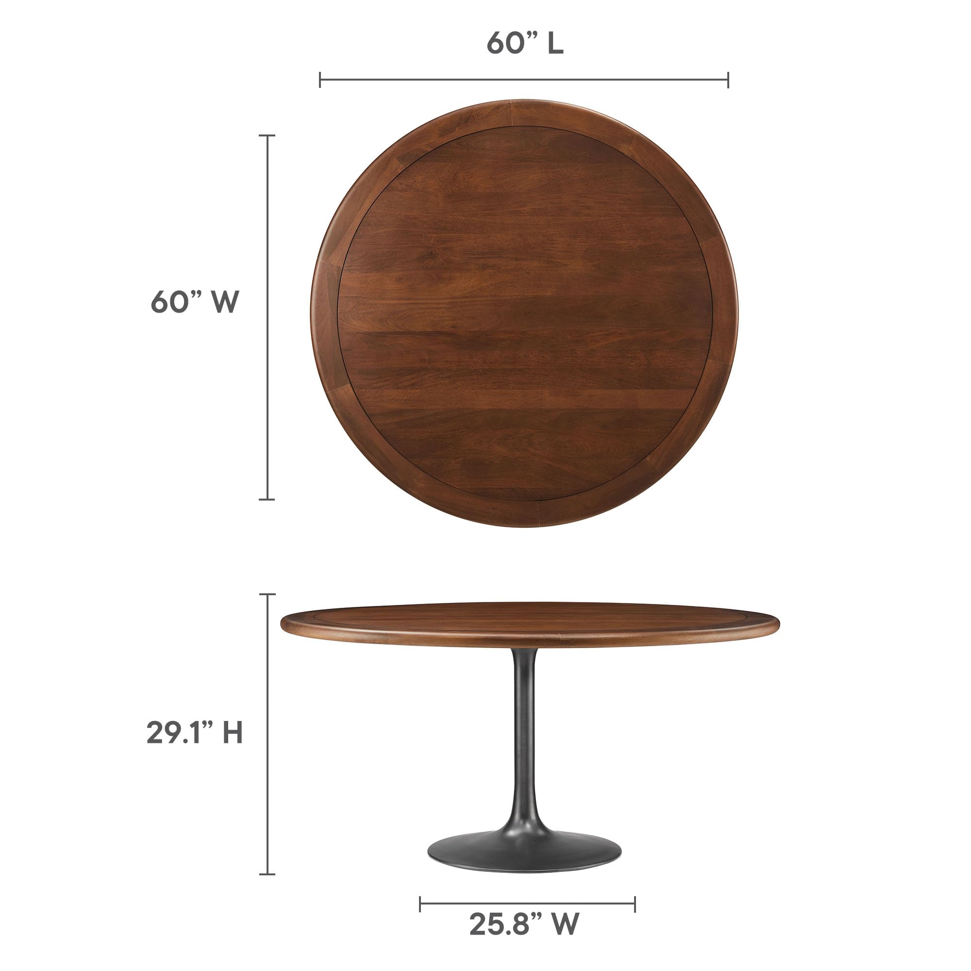 60 Inch Round Wood Dining Table with Metal Pedestal in Black Walnut - Modern Industrial Dining Table for 6 People - Solid Wood Tulip Kitchen Table