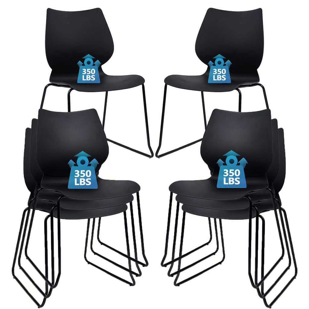 Set of 8, Black, Stackable Waiting Room Chair, Stacking Office Chair with Ergonomic Lumbar Support and Metal Legs, Plastic Desk Chairs for Conference School Church Guest Reception