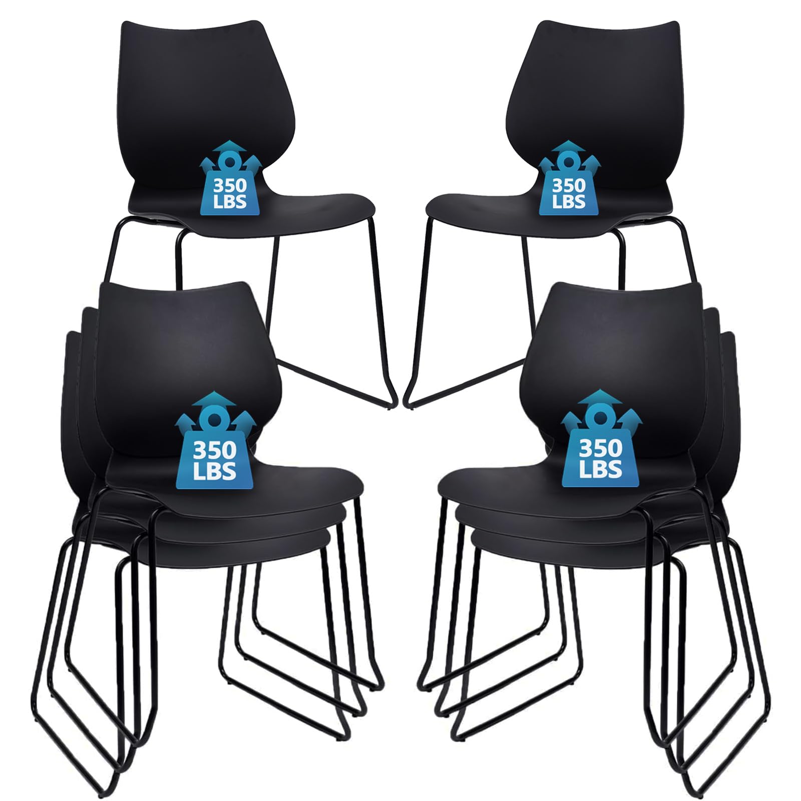 Set of 8, Black, Stackable Waiting Room Chair, Stacking Office Chair with Ergonomic Lumbar Support and Metal Legs, Plastic Desk Chairs for Conference School Church Guest Reception