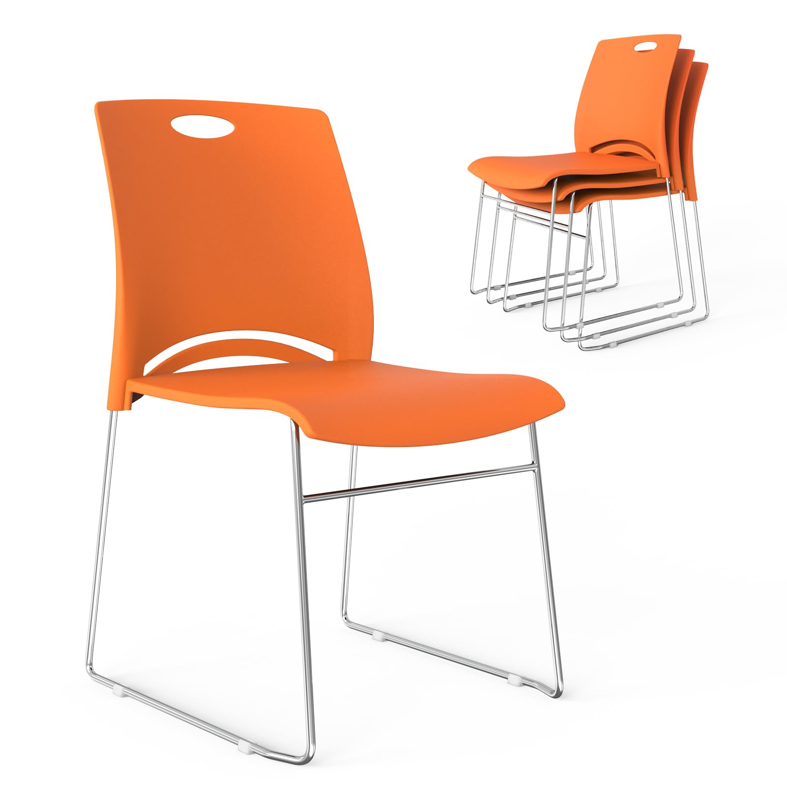 Stacking Chairs Set of 4 Stackable Office Chairs with Metal Sled Base, Ergonomic Plastic Seat, Stacking Chairs for Waiting Room Break Room Banquet Guest, Orange
