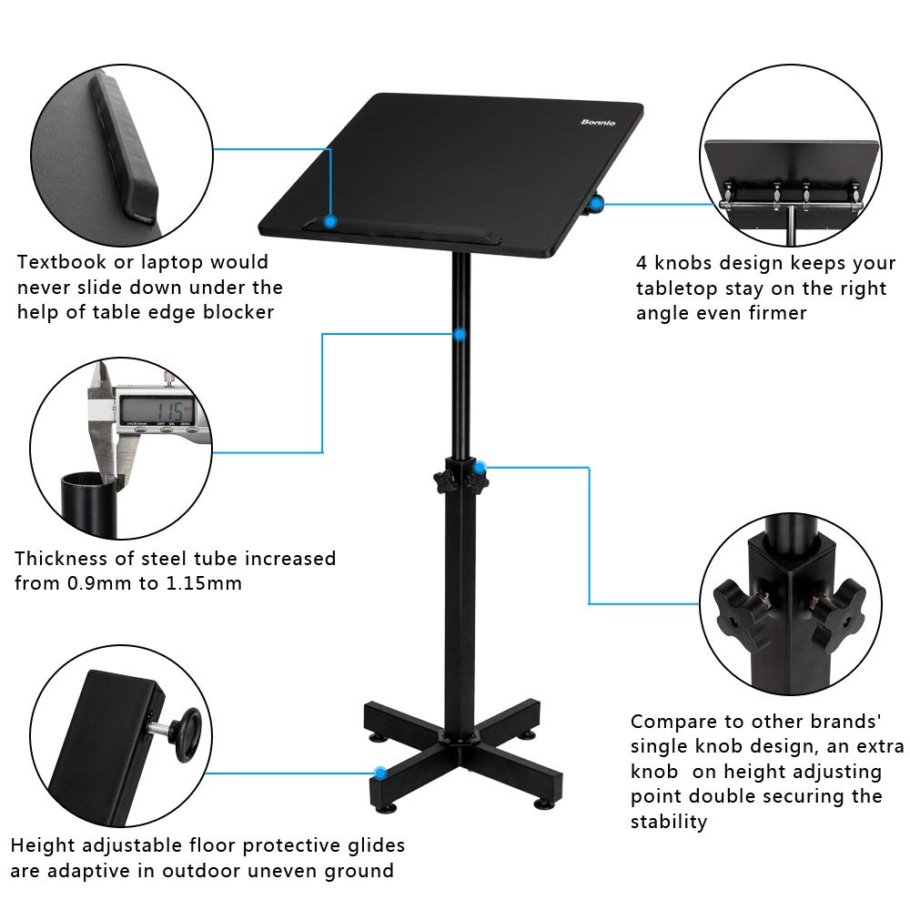 Classic Lectern Podium Stand, Height Adjustable Mobile Podium, Multi-Purpose Tabletop for Speech, Lecture, Church, Reading or Laptop Desk with Edge Stopper, Black