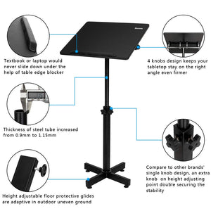 Classic Lectern Podium Stand, Height Adjustable Mobile Podium, Multi-Purpose Tabletop for Speech, Lecture, Church, Reading or Laptop Desk with Edge Stopper, Black