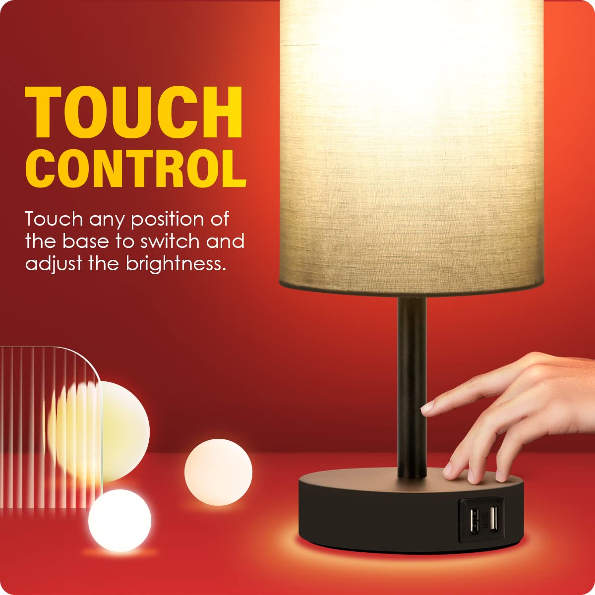 Desk Lamp with USB Port - Touch Control Table Lamp for Bedroom 3 Way Dimmable Nightstand Lamp with Round Grey Fabric Shade for Living Room, Dorm, Home Office (LED Bulb Included)